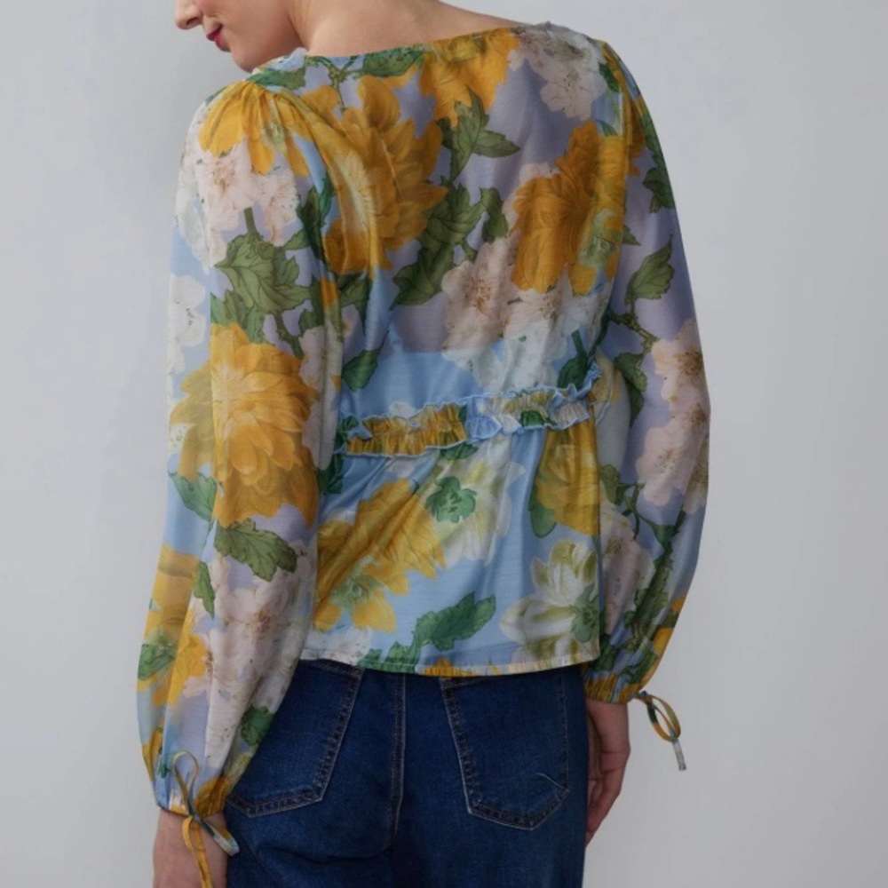 🎊 NEW YORK & COMPANY Floral Tie Sleeve Organza Baby Doll Blouse - Picture 3 of 6